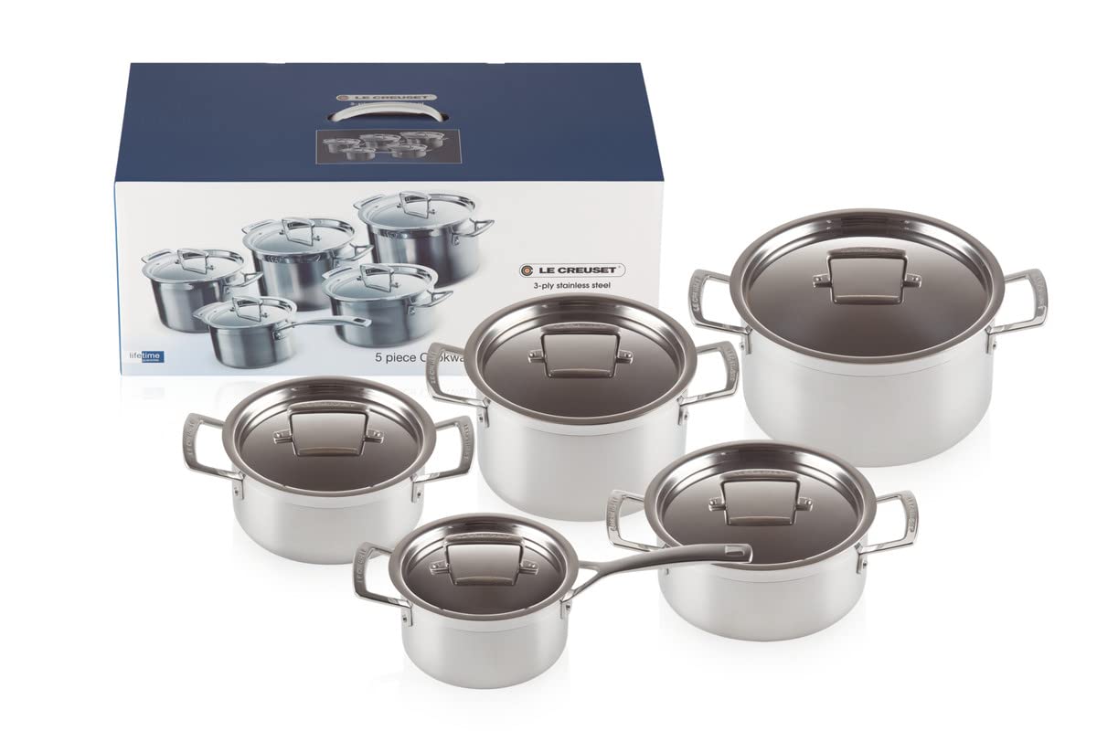 le-creuset-set-5-pezzi-pentole-3-ply-in-acciaio-inossidabile-con-coperchi-compat image 1
